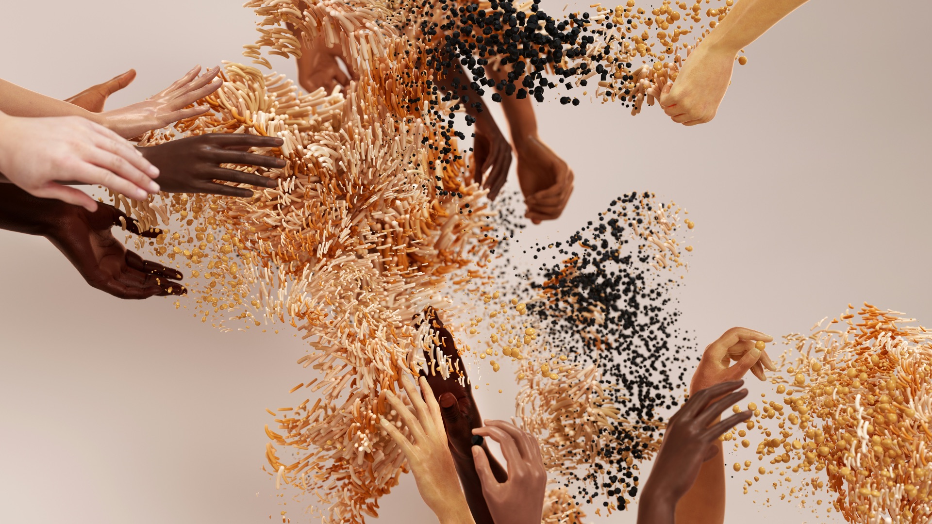 Diverse hands from different cultures reaching toward and shaping flowing particles of AI, symbolizing collective human agency in artificial intelligence development