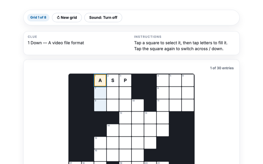 A round of Mini Crossword in play