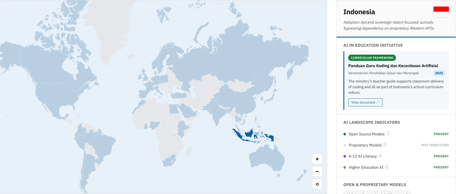 Global AI Observatory interactive map, showing Indonesia's AI-in-education policy and sovereign AI model detail panel